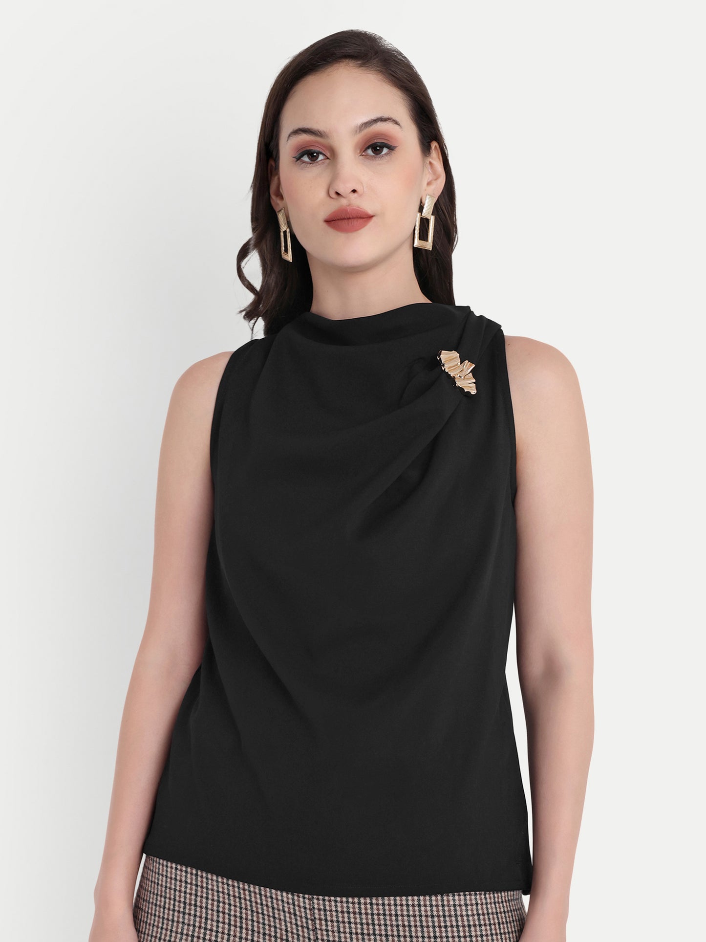 Black sleeveless top with gold applique on shoulder - esseneur.