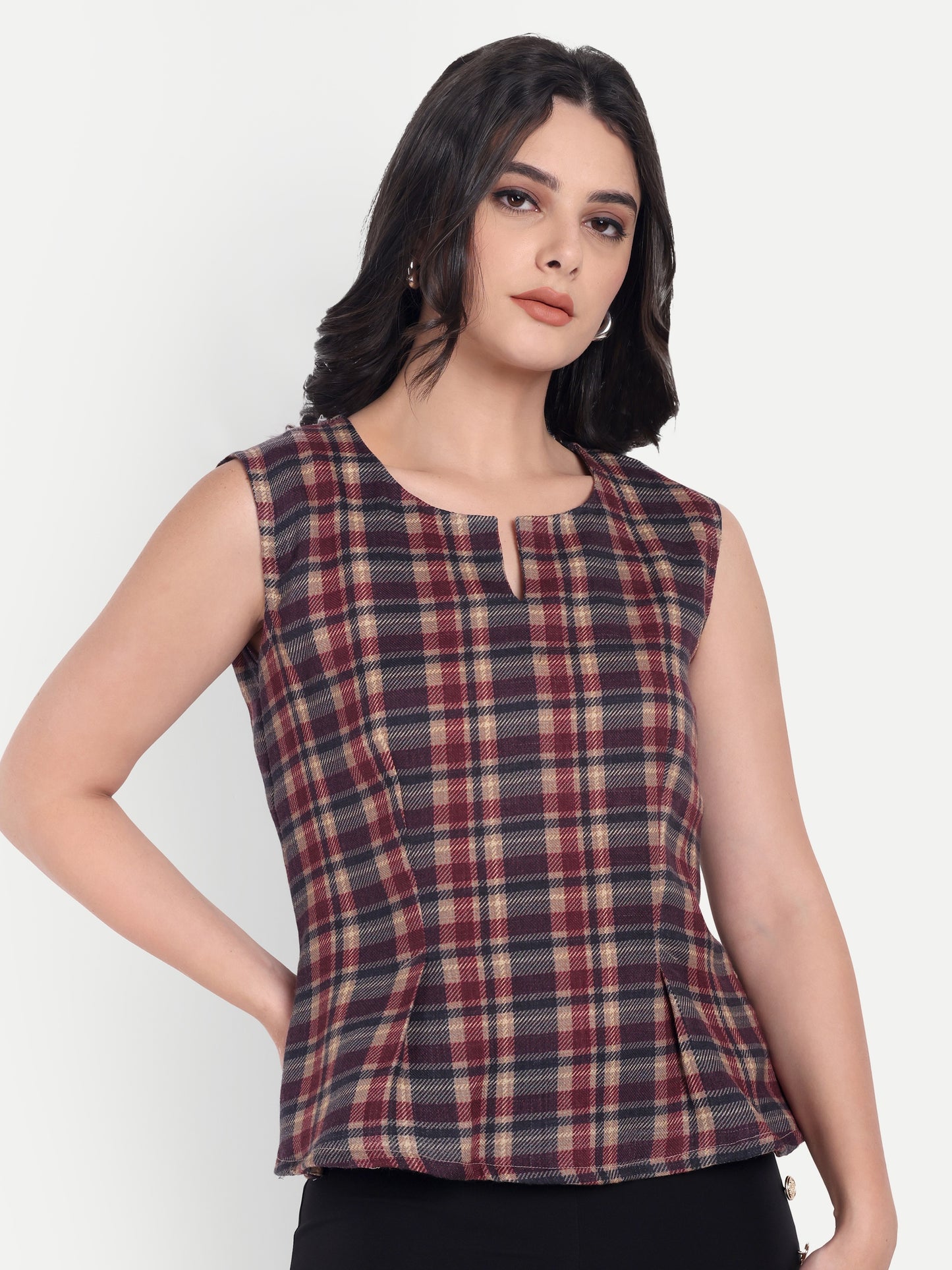 Maroon Check peplum top EWTP0027-MRNPP