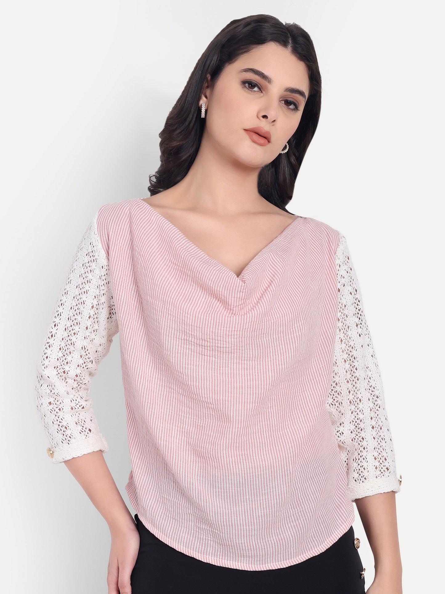 Pink stripe top with crotia sleeves and cowl neck - esseneur.