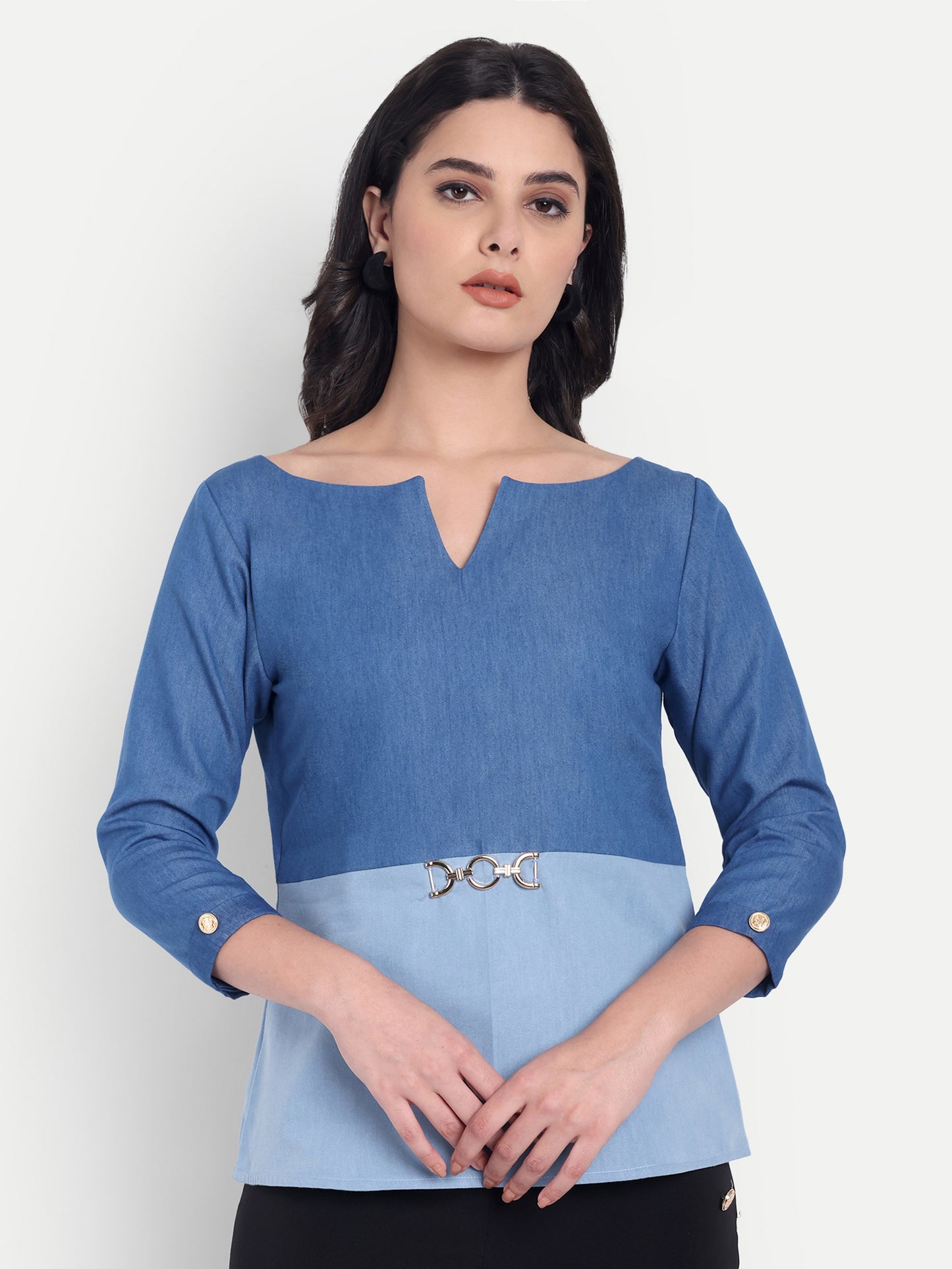 Two colour Light blue and dark blue denim full sleeves top with gold applique - esseneur.