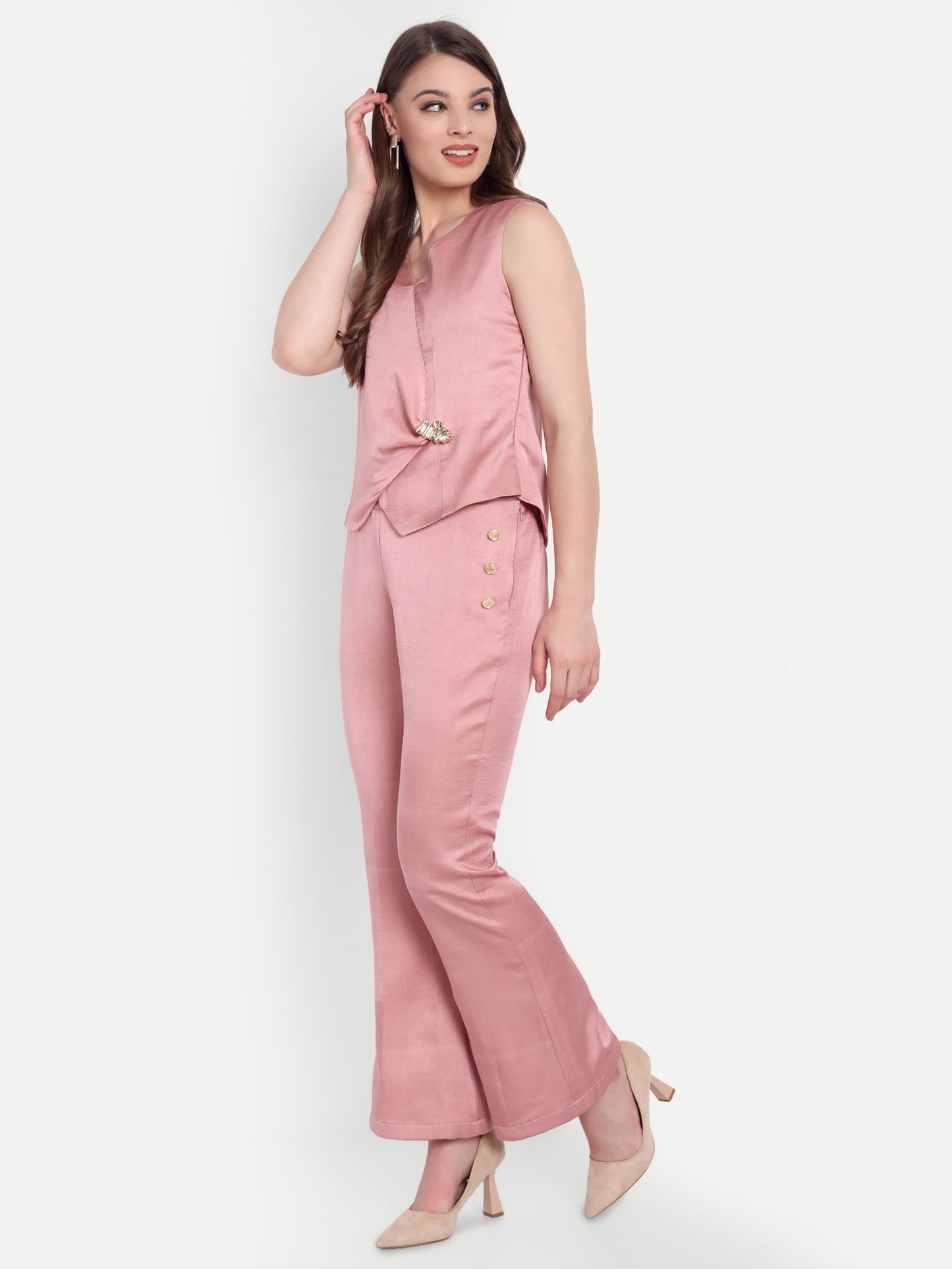 Peach linen pants with gold buttons ESWPA0009-PEAGB