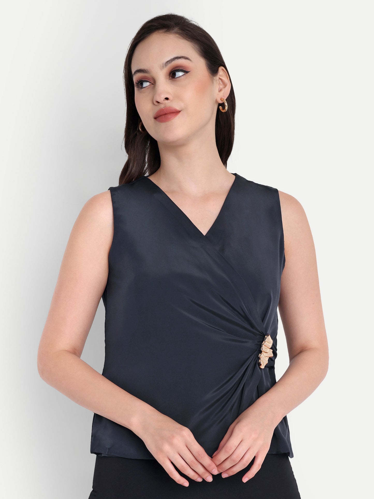 Blue top with gold applique on waist - esseneur.