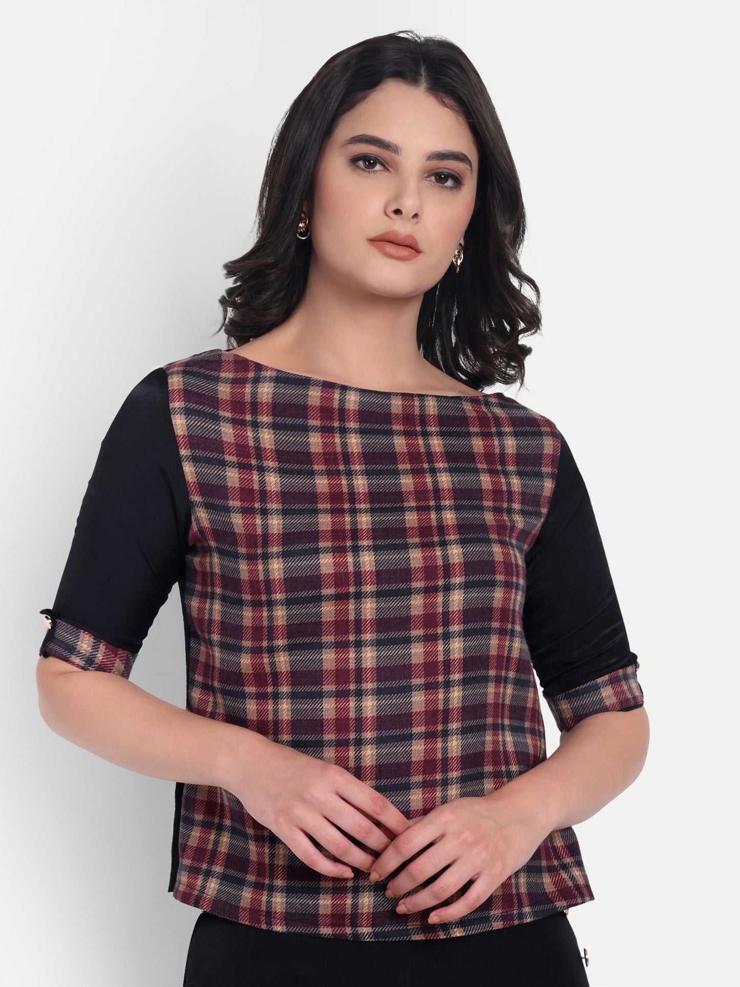 Maroon check top with black quarter sleeves - esseneur.