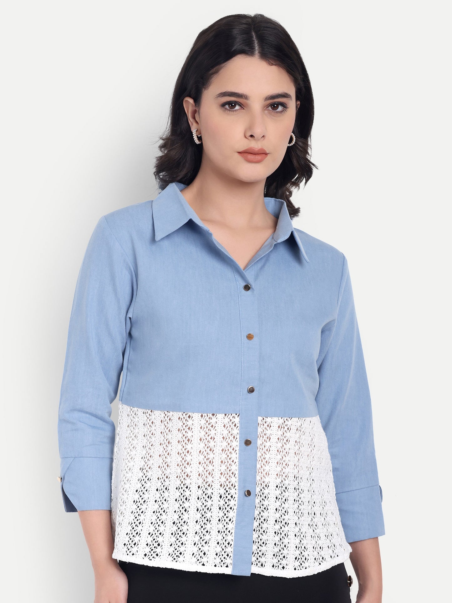 Light denim and crochet quarter sleeves shirt with gold buttons-Esseneur