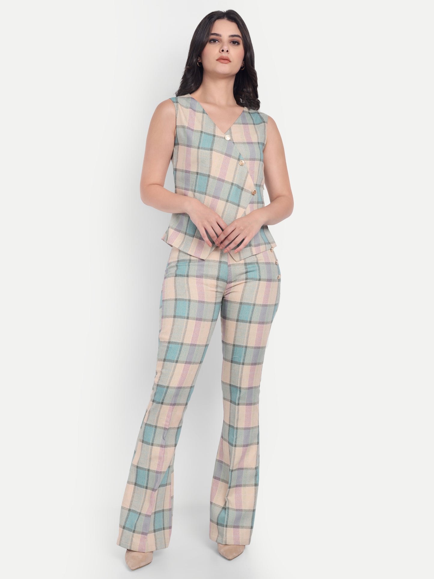 Cream Check print cream co ord set - esseneur.