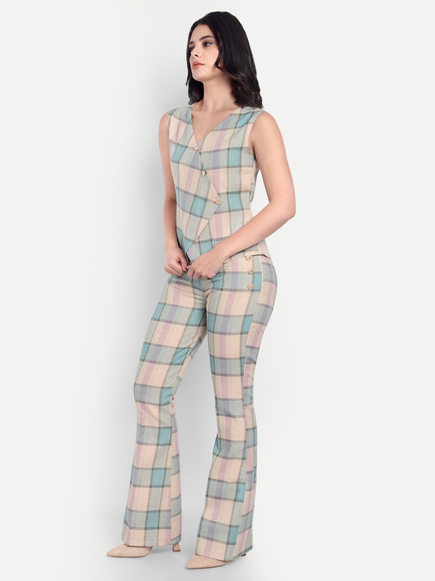 Cream check pants with gold buttons detailing ESWPA0012-CREGB