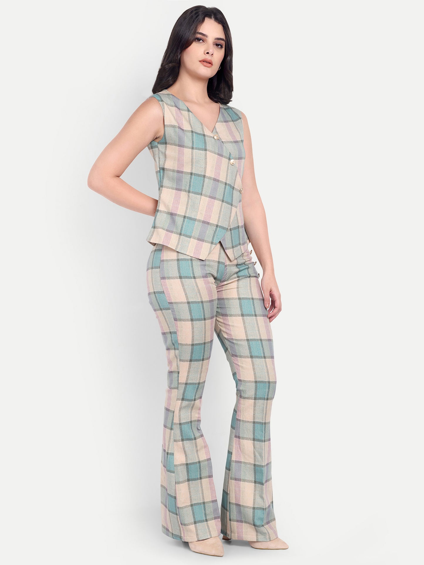 Cream check pants with gold buttons detailing ESWPA0012-CREGB