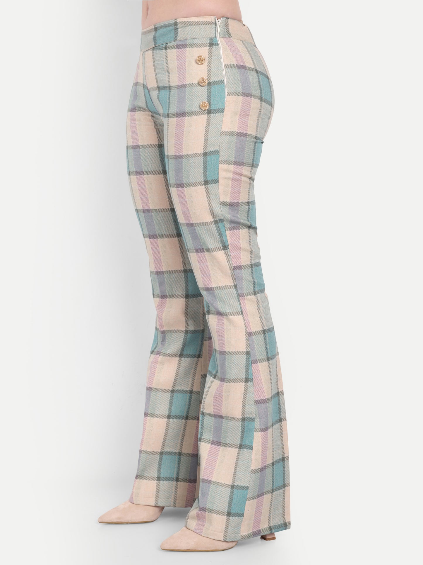 Cream check pants with gold buttons detailing ESWPA0012-CREGB
