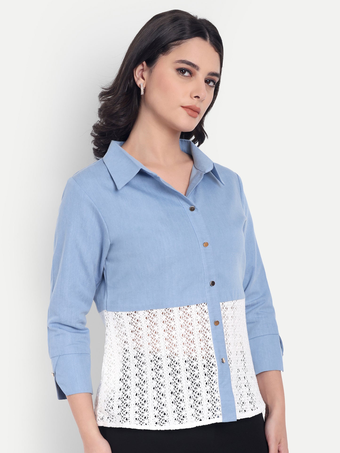 Light denim and crochet quarter sleeves shirt with gold buttons-Esseneur