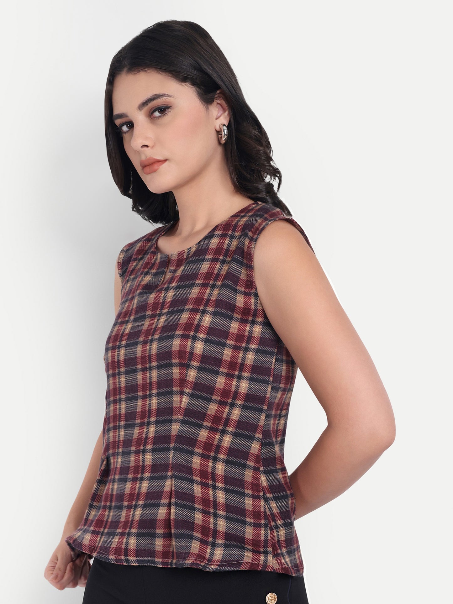 Maroon Check peplum top EWTP0027-MRNPP