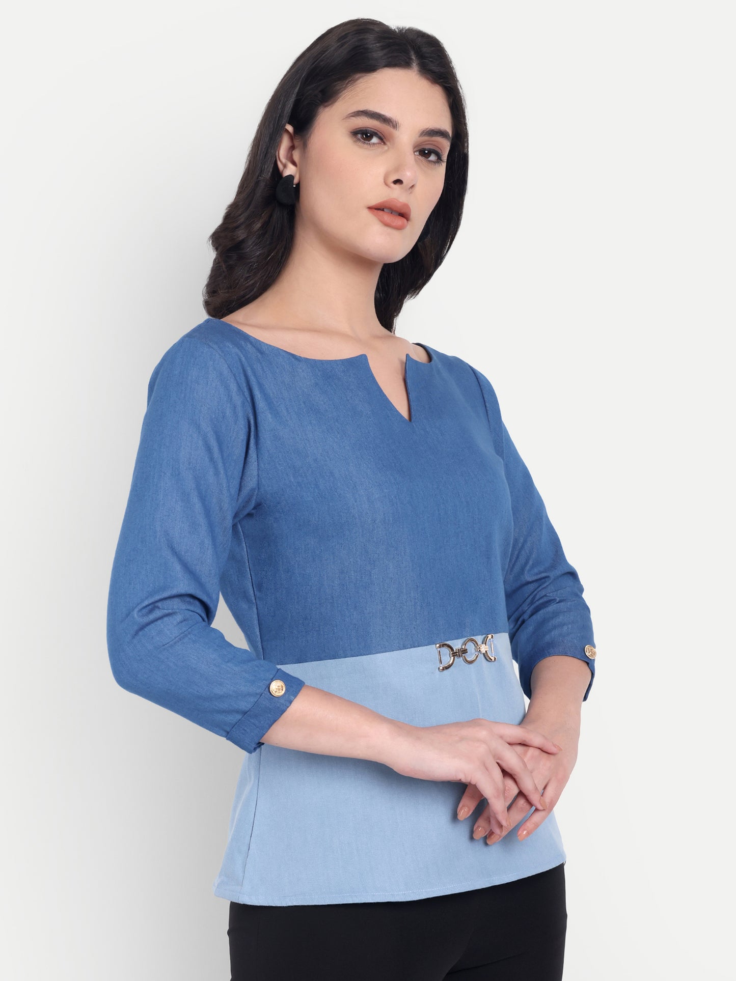 Two colour Light blue and dark blue denim full sleeves top with gold applique - esseneur.