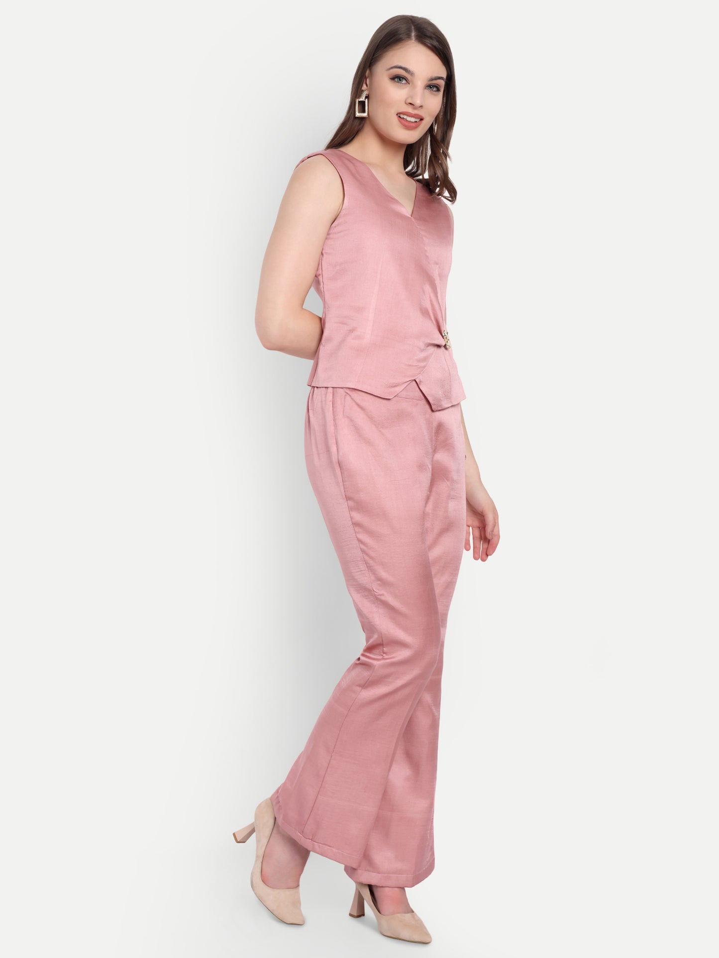 Peach linen pants with gold buttons ESWPA0009-PEAGB