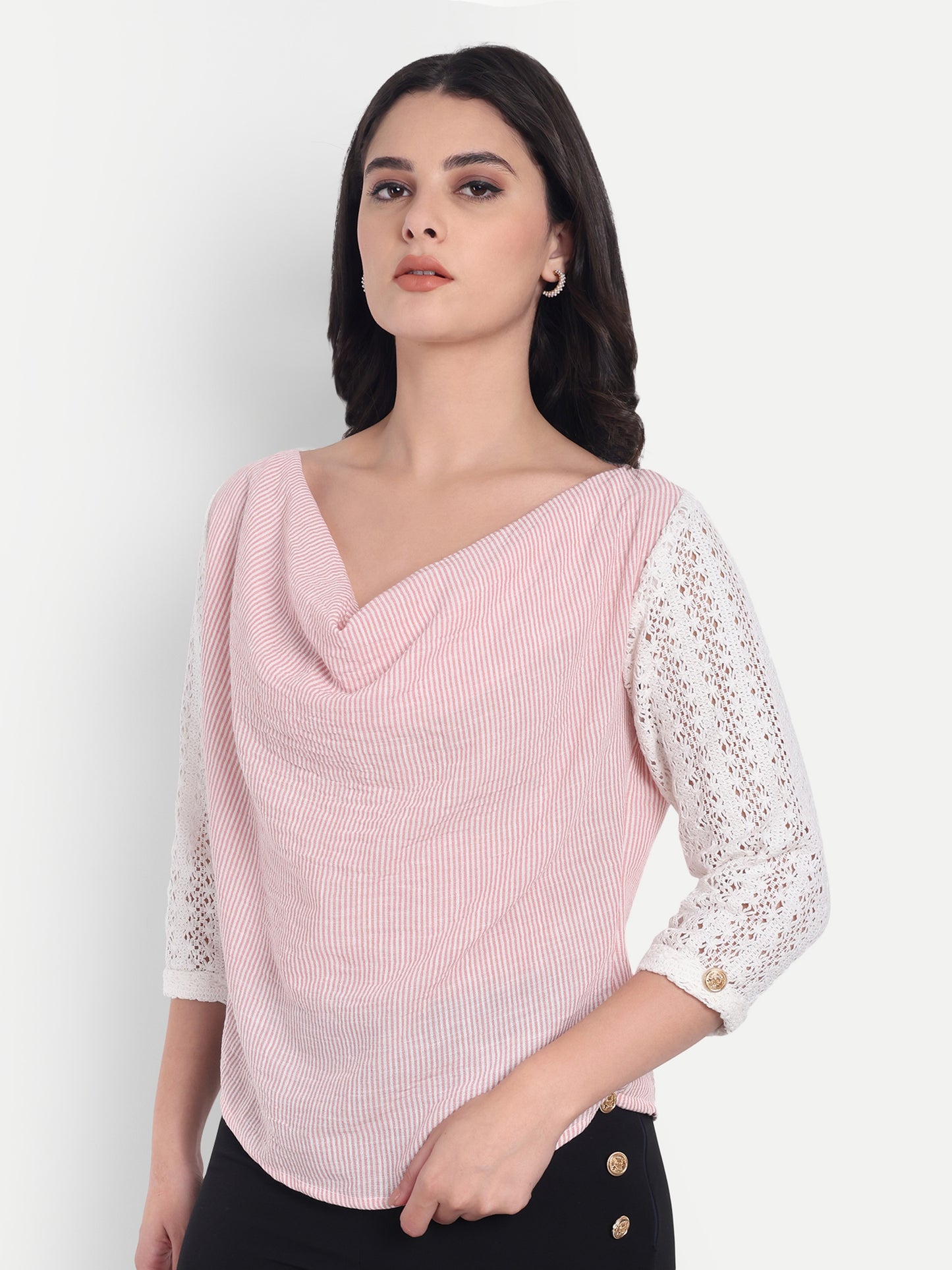 Pink stripe top with crotia sleeves and cowl neck - esseneur.