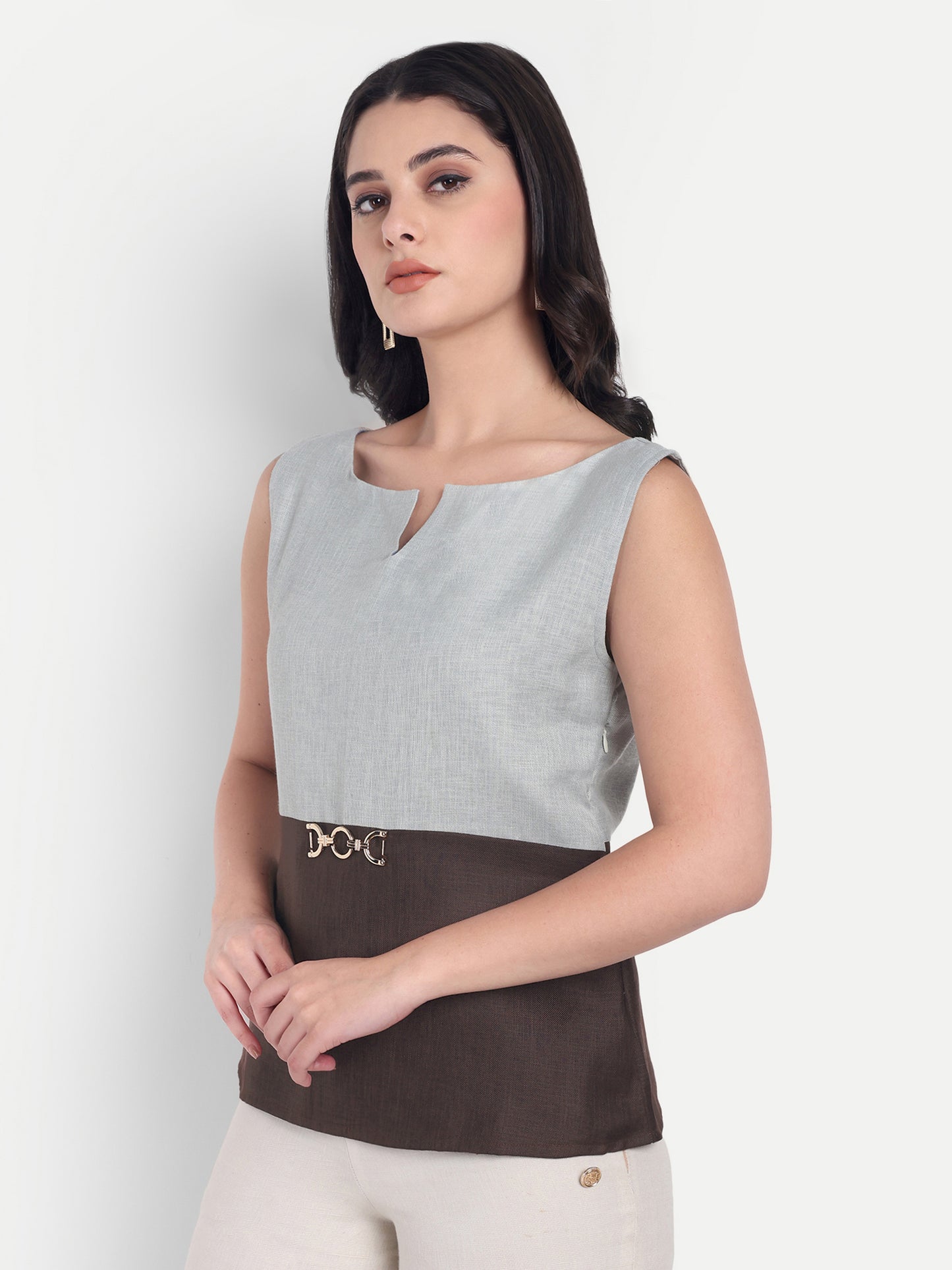 Brown and green sleeveless top with gold applique - esseneur.