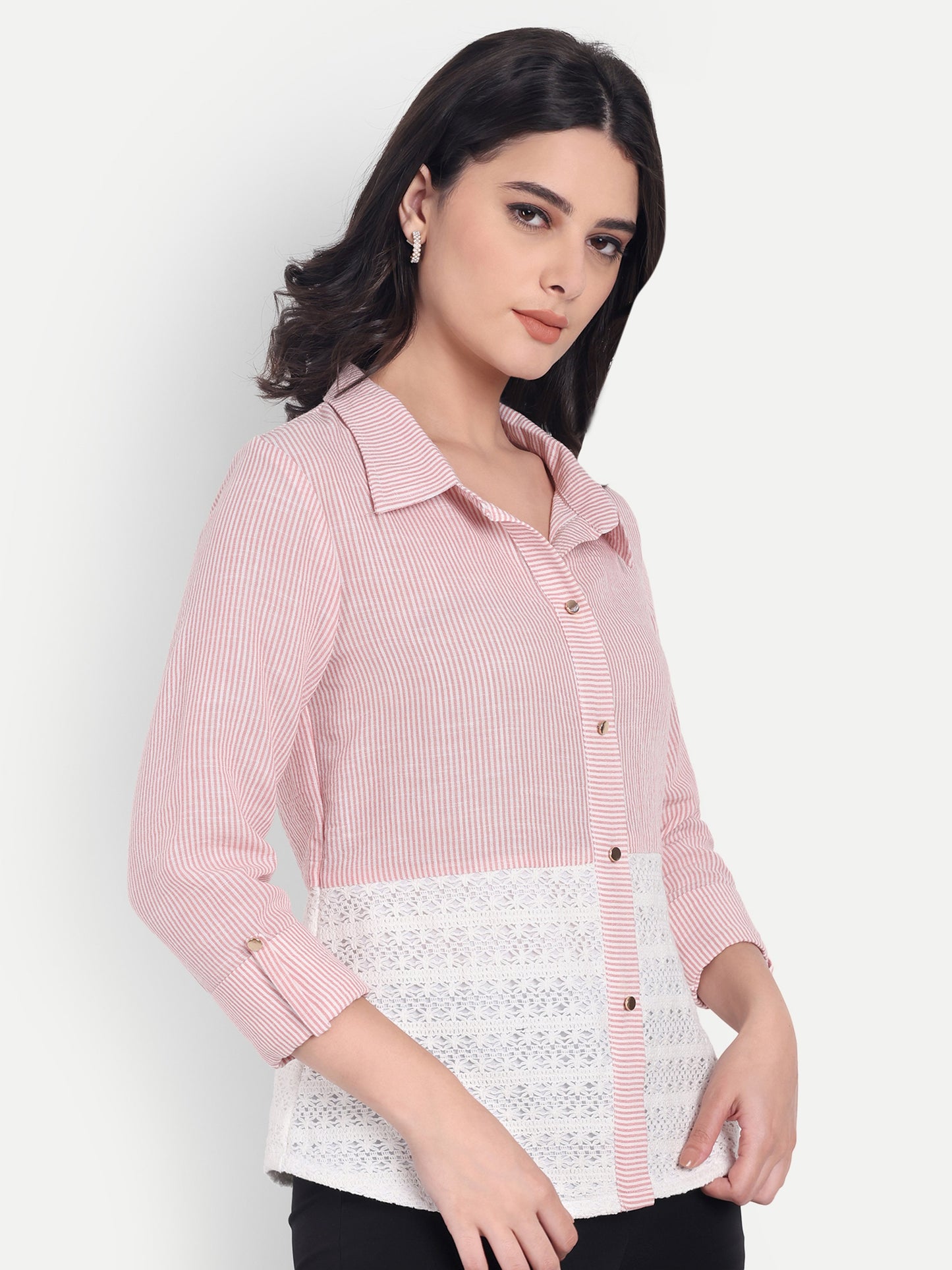 pink striped and crochet shirt with gold buttons-Esseneur