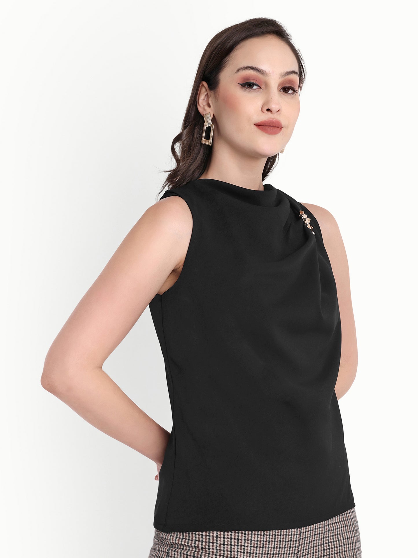 Black sleeveless top with gold applique on shoulder - esseneur.