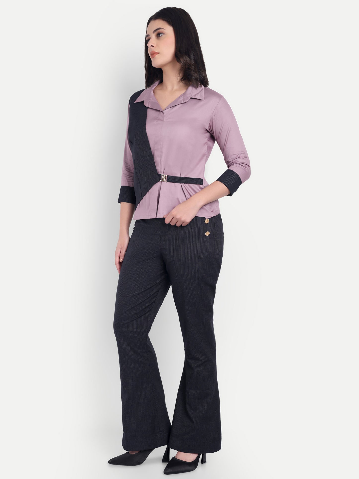 Black stripe co ord set with gold buckle ESWCO0016-BLKBP