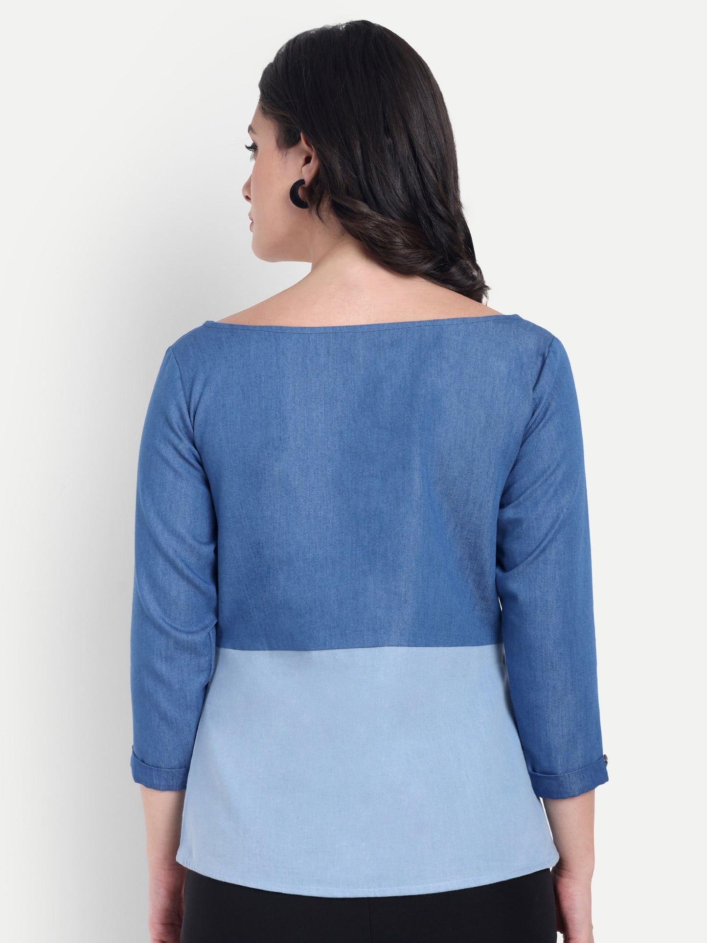 Two colour Light blue and dark blue denim full sleeves top with gold applique - esseneur.