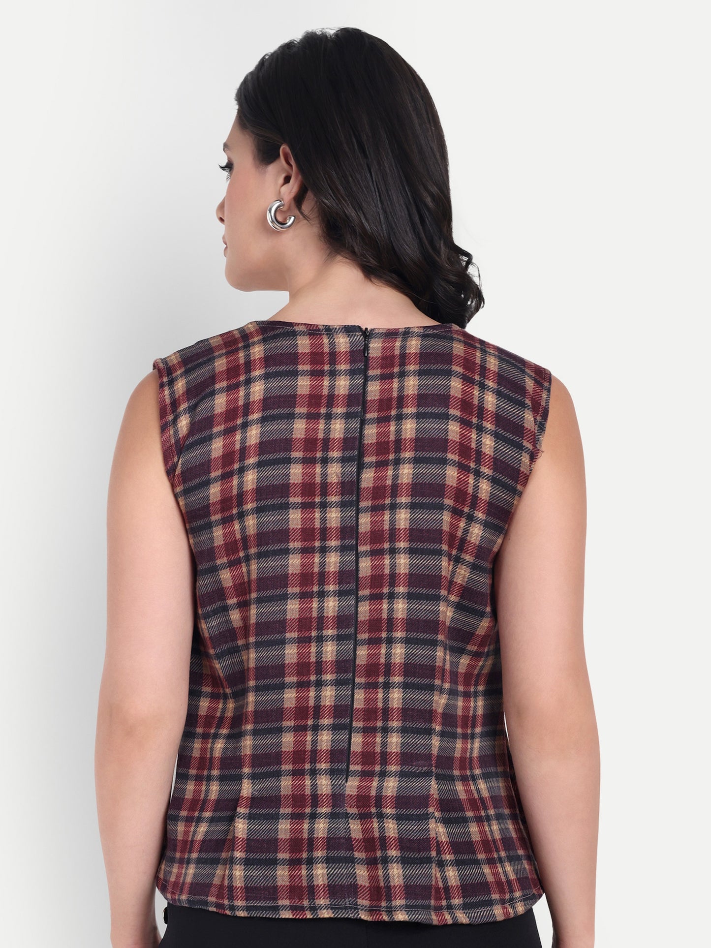 Maroon Check peplum top EWTP0027-MRNPP