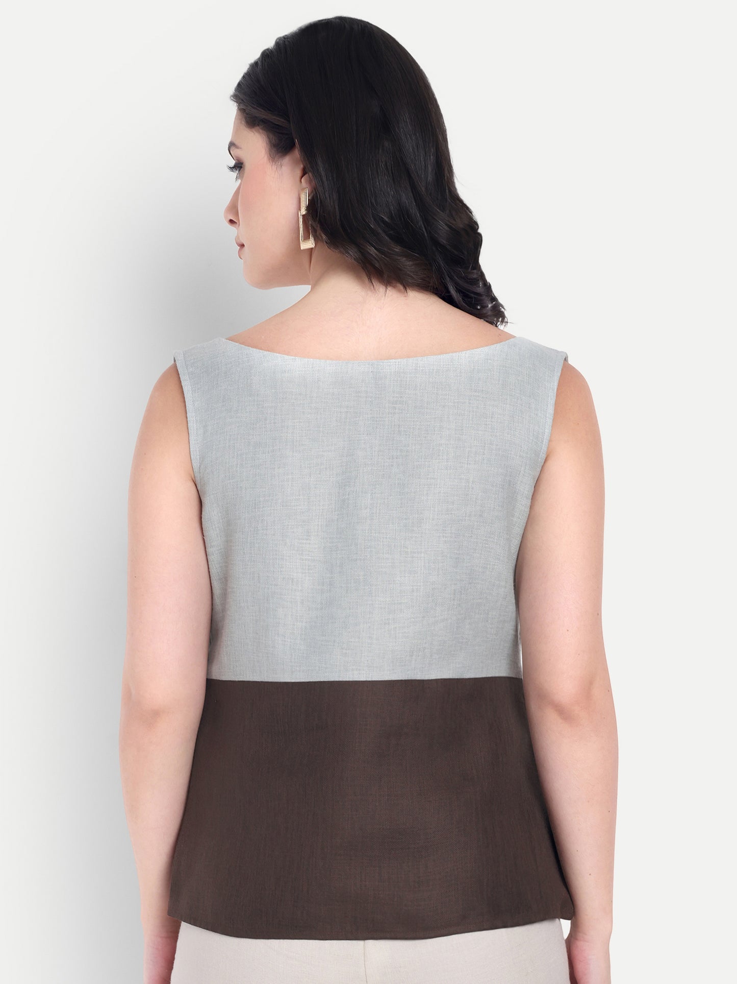 Brown and green sleeveless top with gold applique - esseneur.