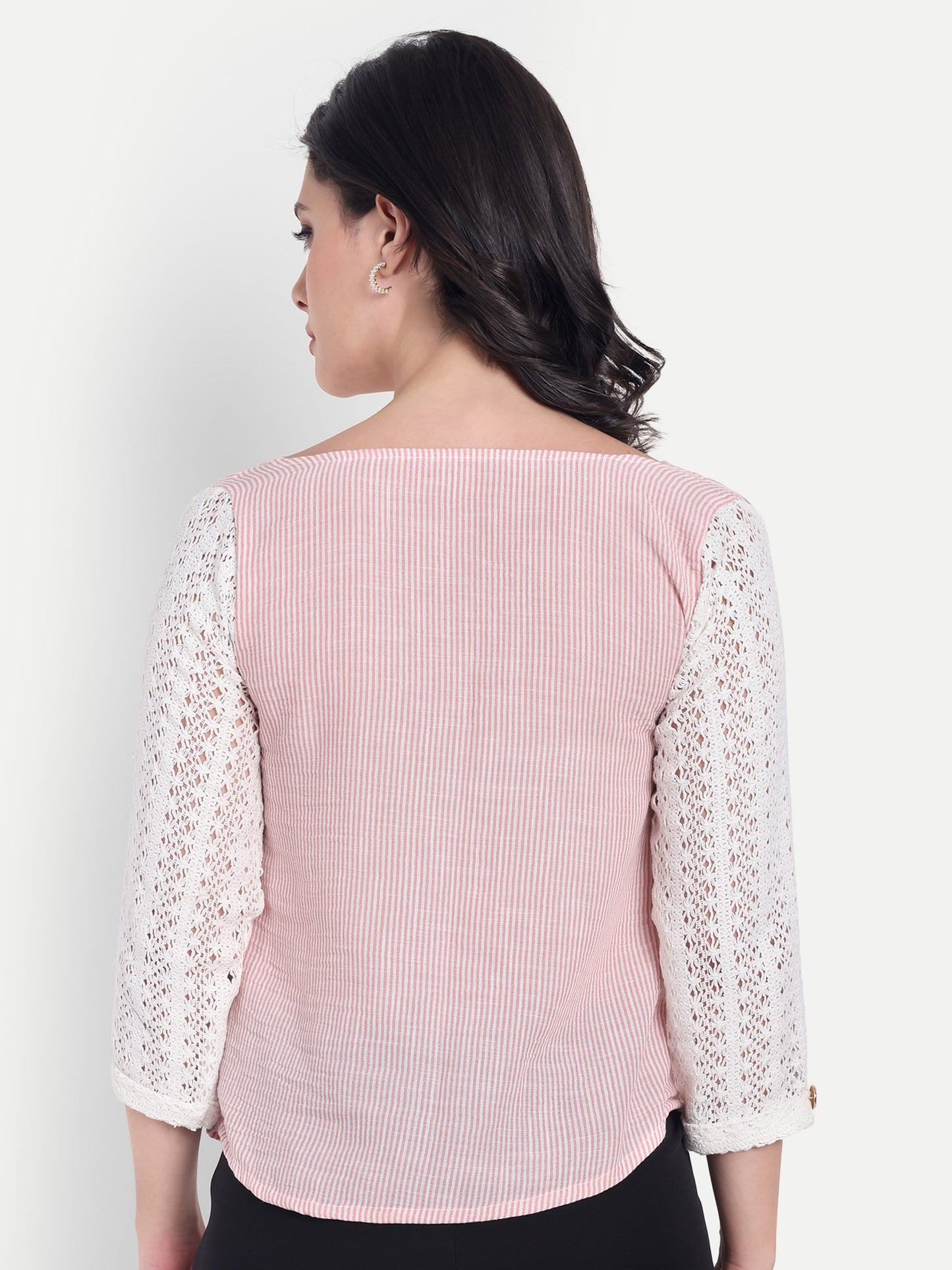 Pink stripe top with crotia sleeves and cowl neck - esseneur.