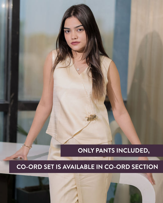 Cream Linen satin pants with gold button ESWPA0004-CREGB