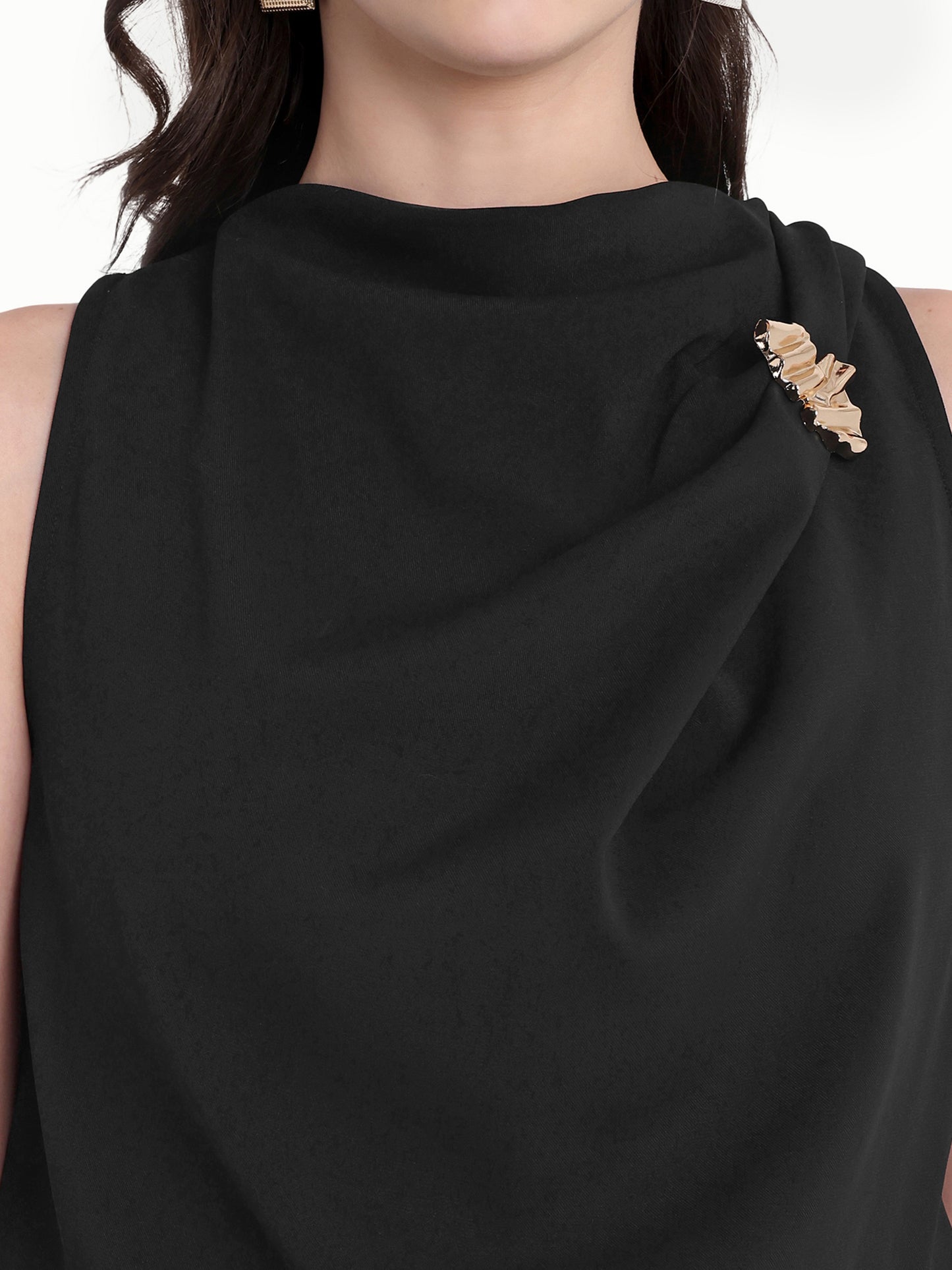Black sleeveless top with gold applique on shoulder - esseneur.