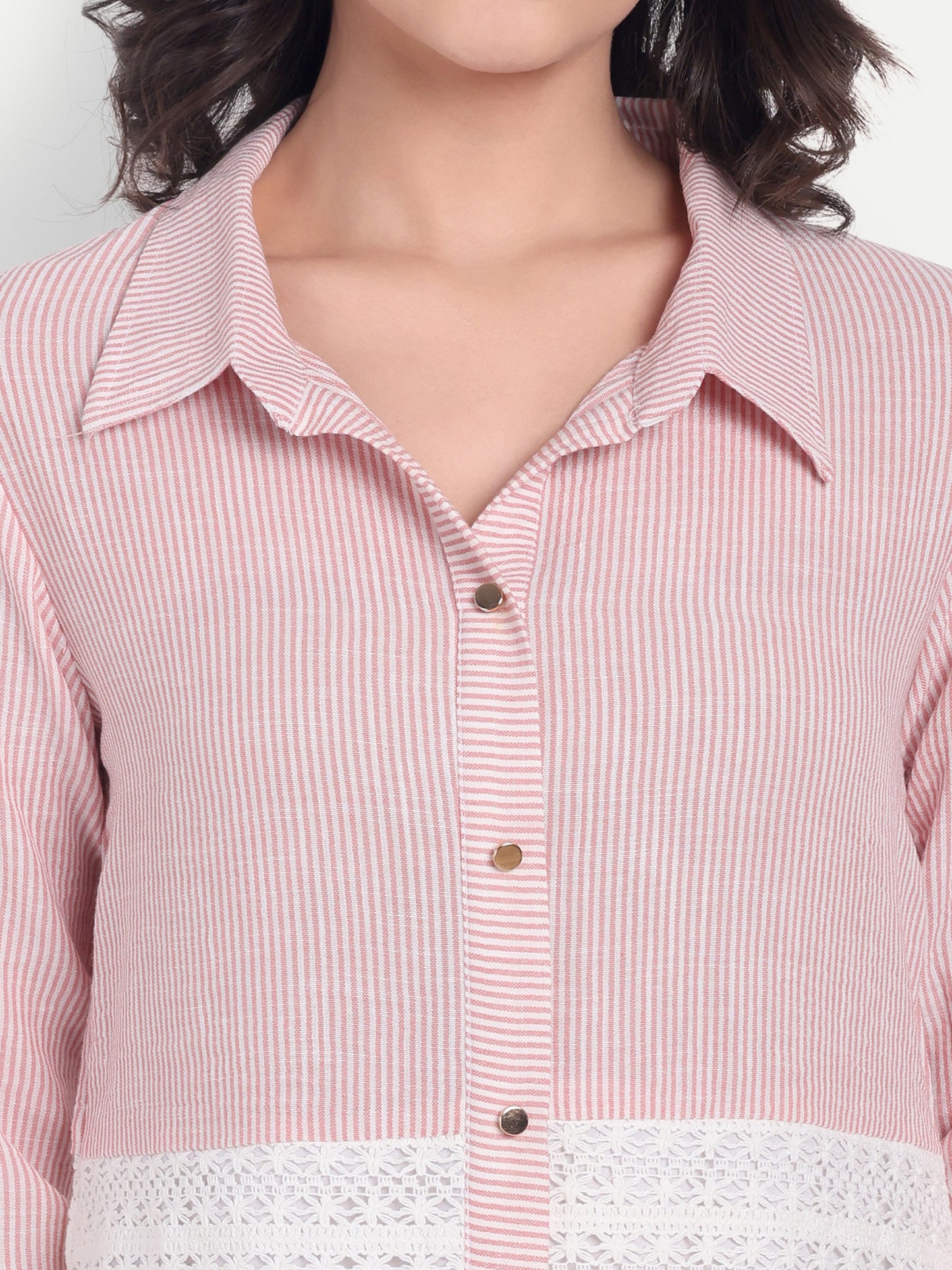 pink striped and crochet shirt with gold buttons-Esseneur