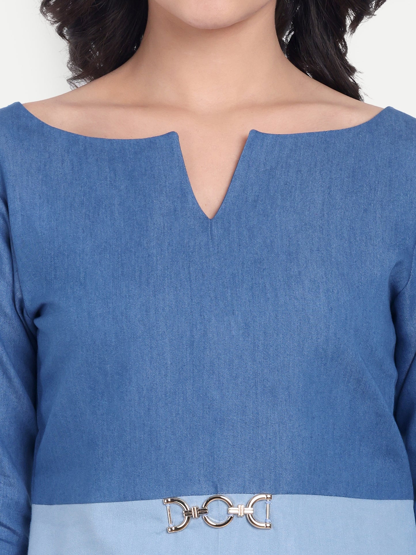 Two colour Light blue and dark blue denim full sleeves top with gold applique - esseneur.