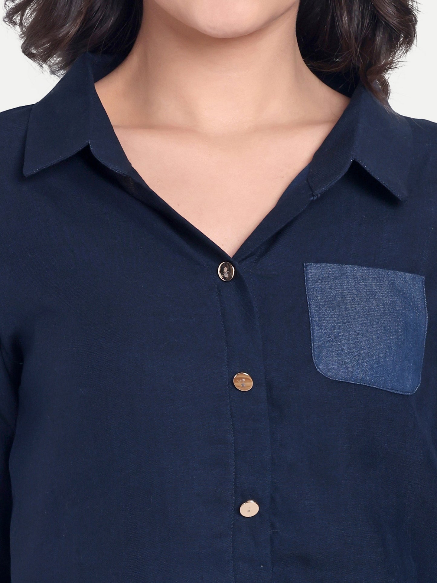 Dark blue denim shirt with gold buttons-Esseneur