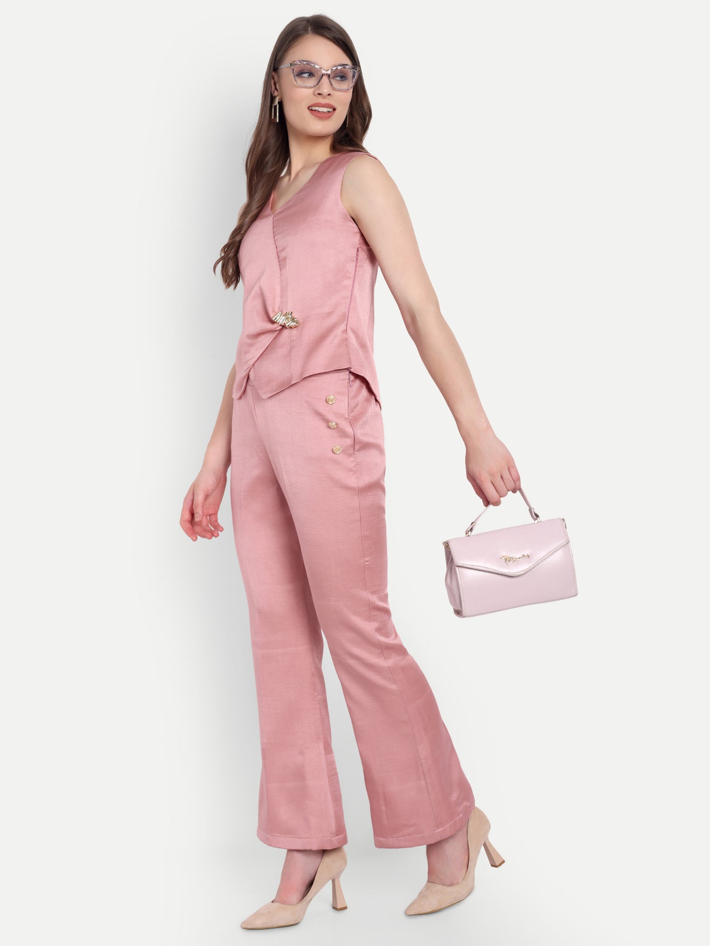 Peach linen pants with gold buttons ESWPA0009-PEAGB