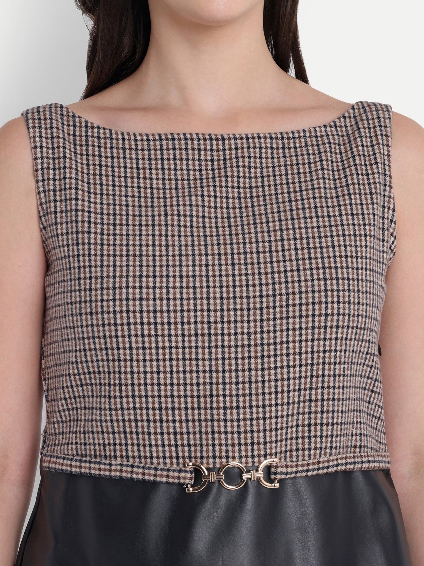 Houndstooth top with leather design - esseneur.
