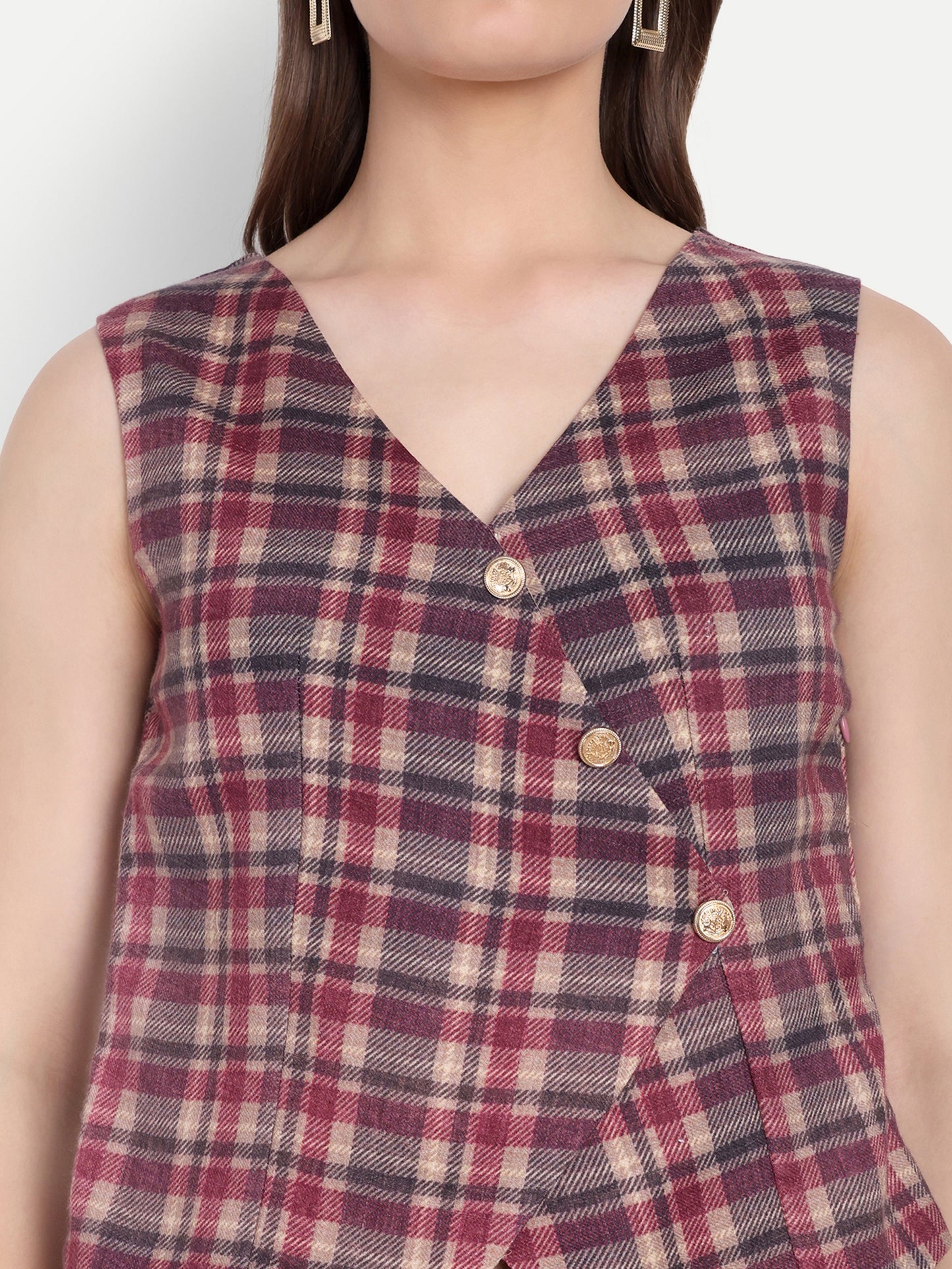 maroon check waistcoat with gold buttons - esseneur.