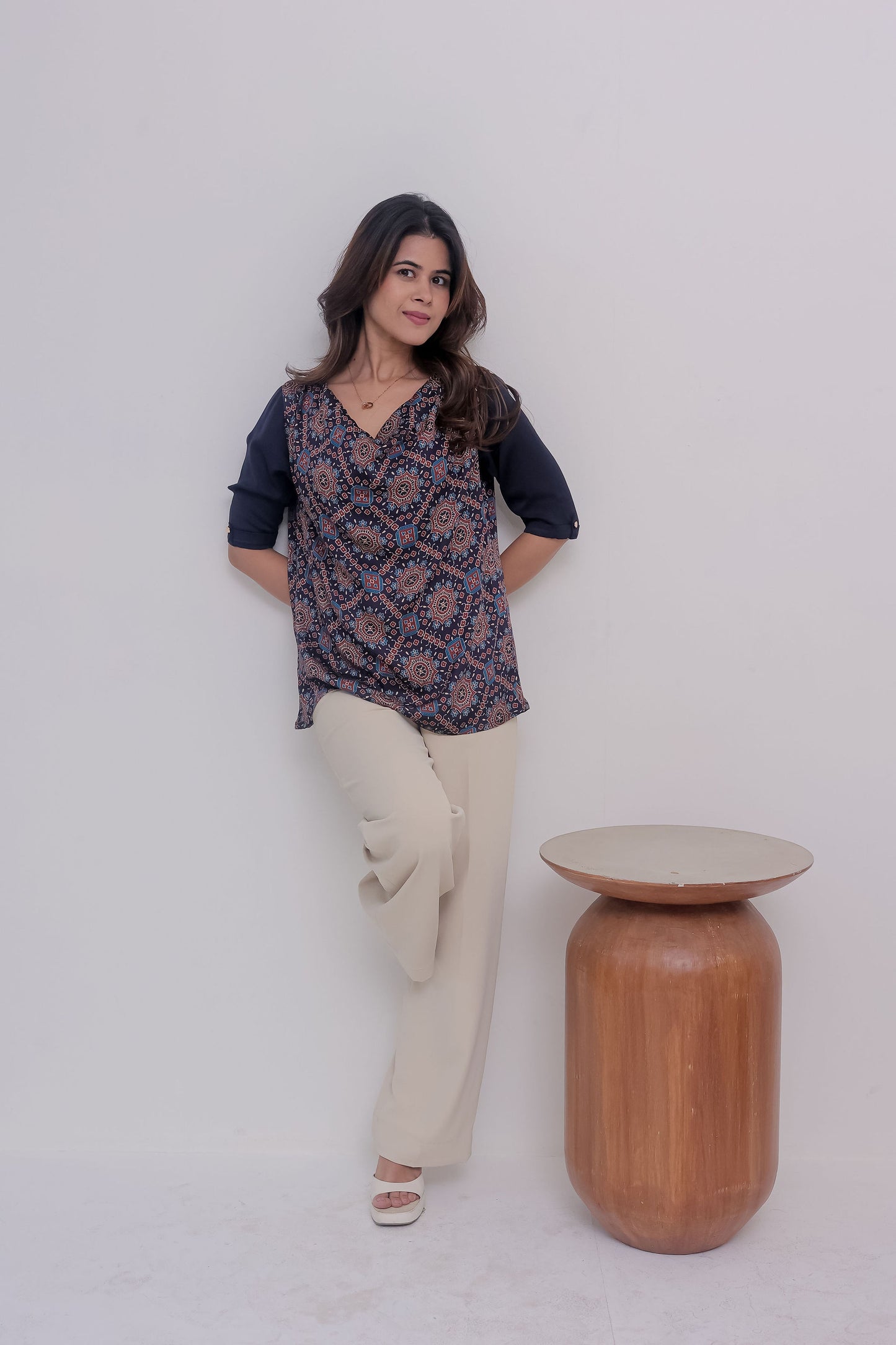 Printed ajrakh blue with cowl neck and blue top with quarter sleeves - esseneur.