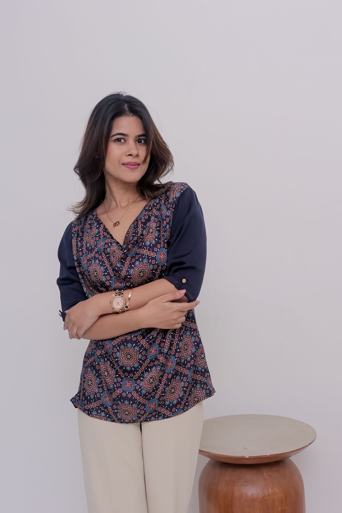 Printed ajrakh blue with cowl neck and blue top with quarter sleeves - esseneur.