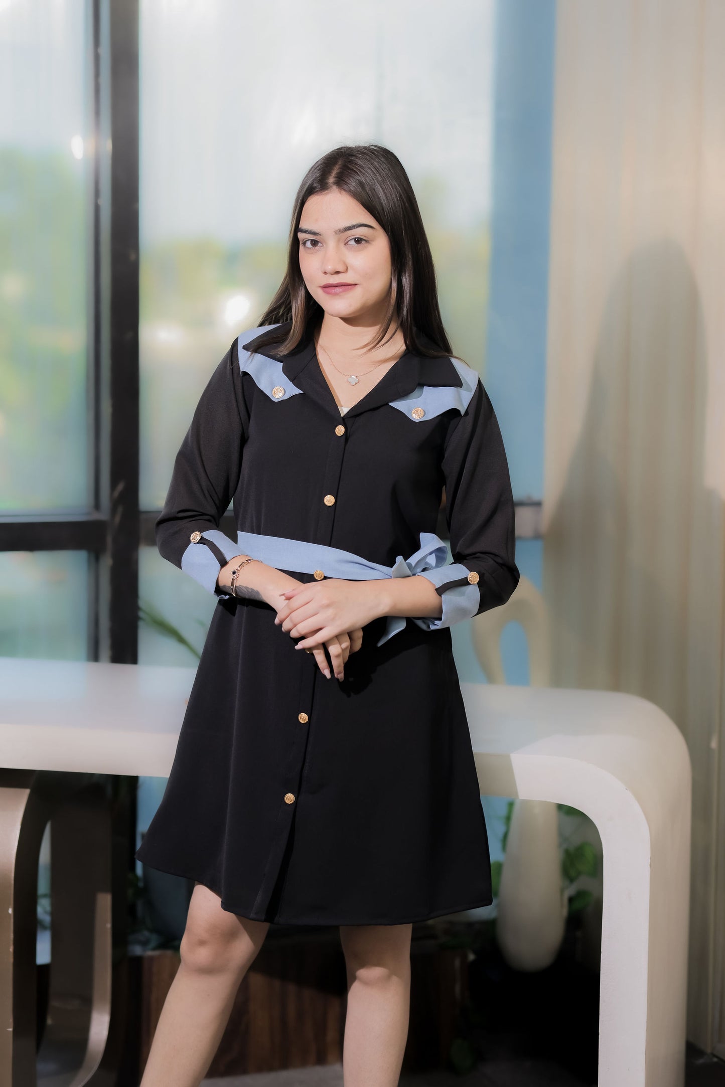 Black knee length denim detailing dress with quarter sleeves- esseneur.