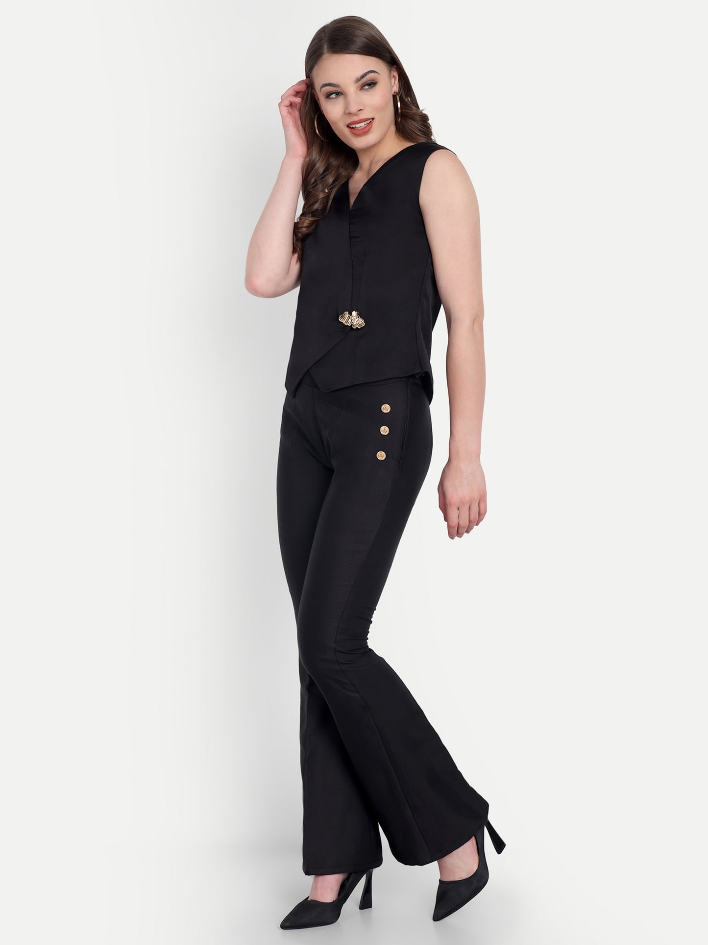 Black linen co ord set with gold applique-Esseneur
