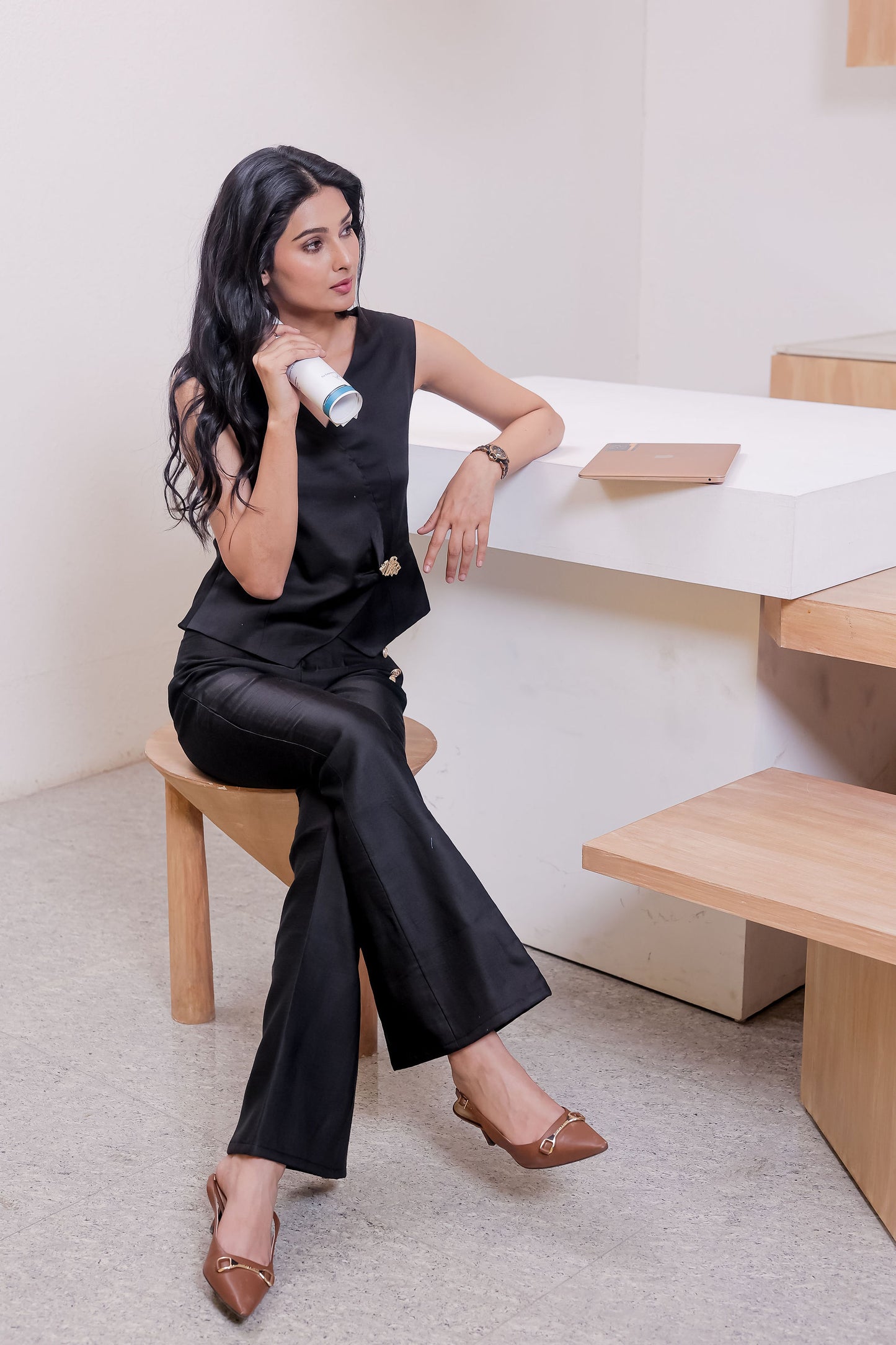 Black linen co ord set with gold applique-Esseneur