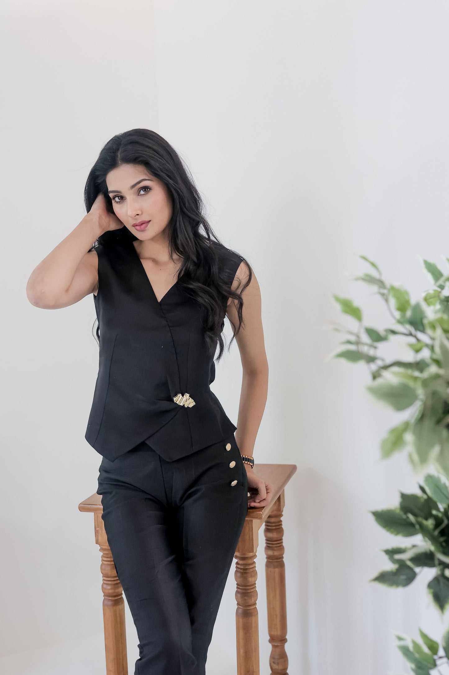 Black linen co ord set with gold applique-Esseneur