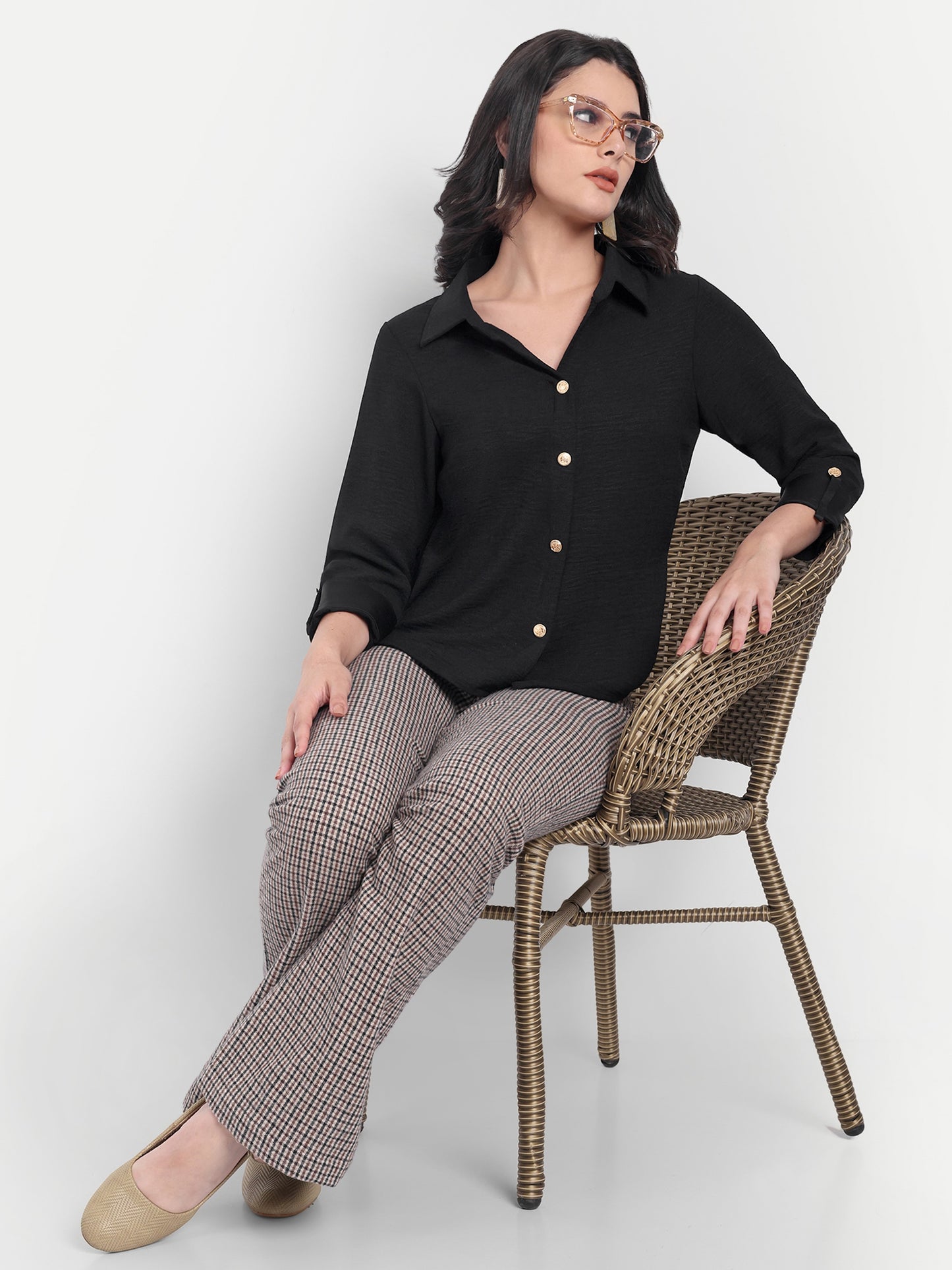 Black linen shirt with gold buttons-Esseneur