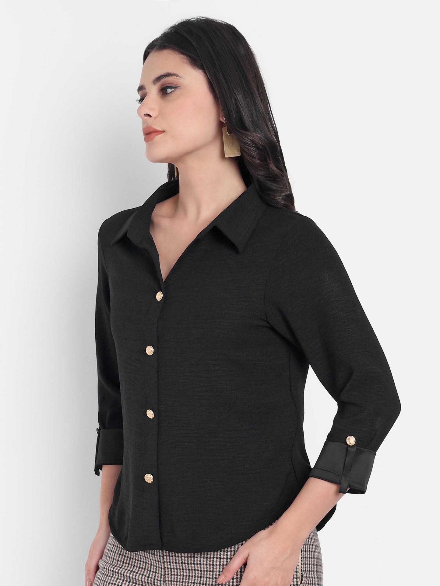 Black linen shirt with gold buttons-Esseneur