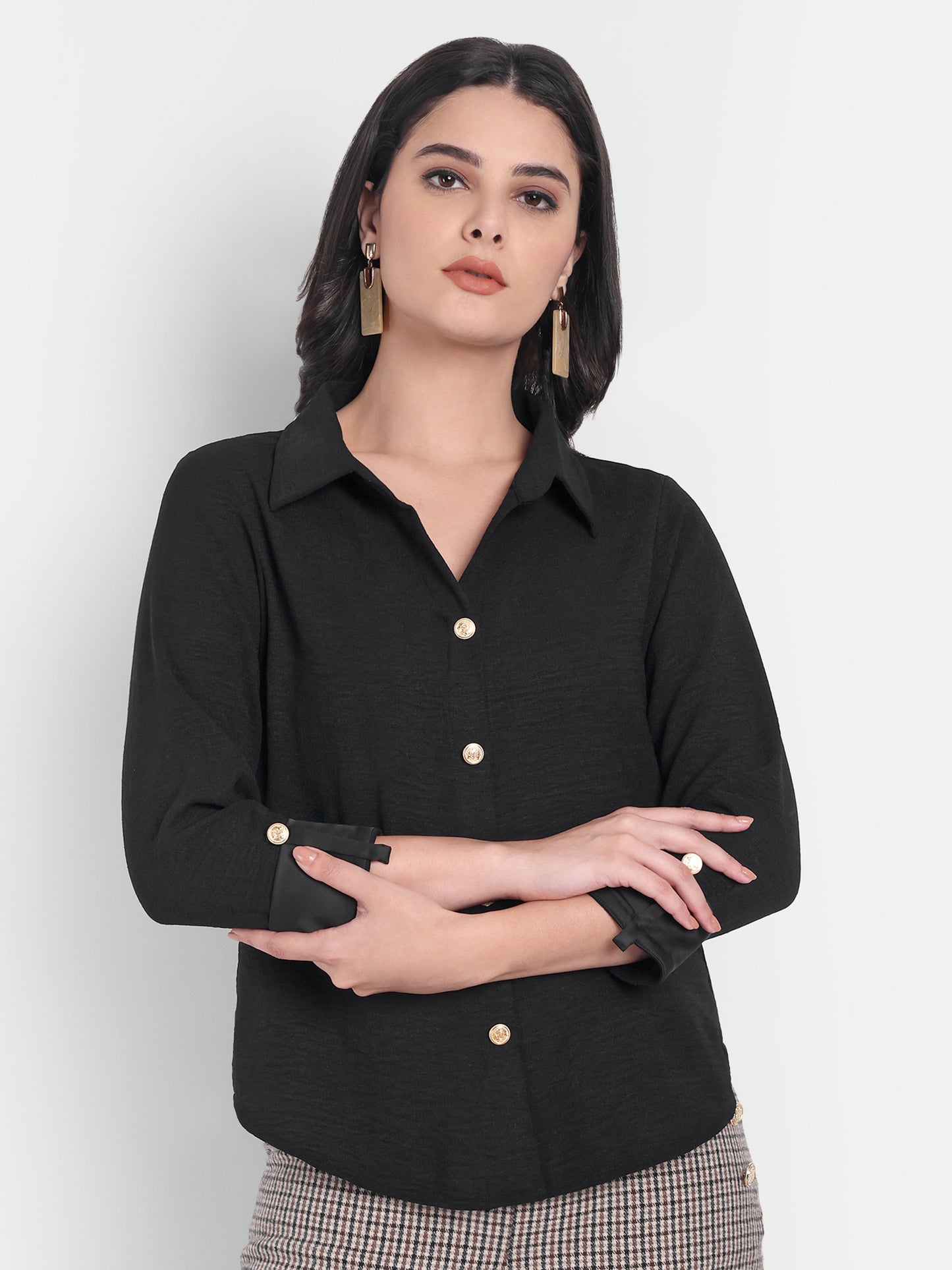Black linen shirt with gold buttons-Esseneur