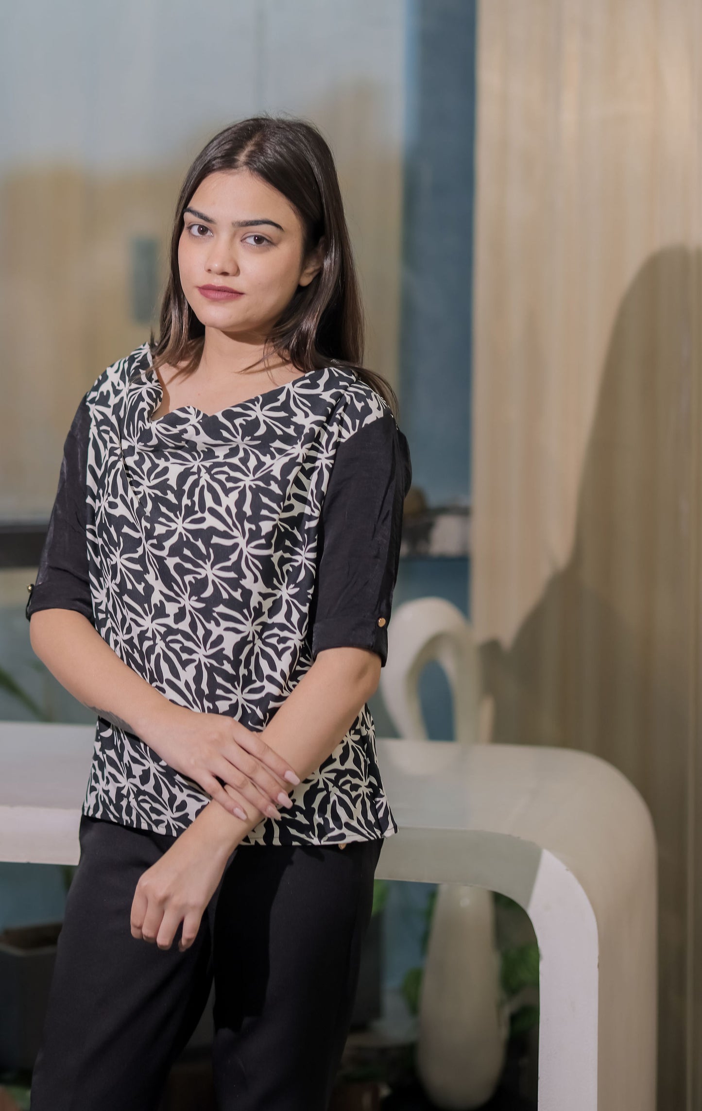 Black printed cowl neck top with black quarter sleeves - esseneur.