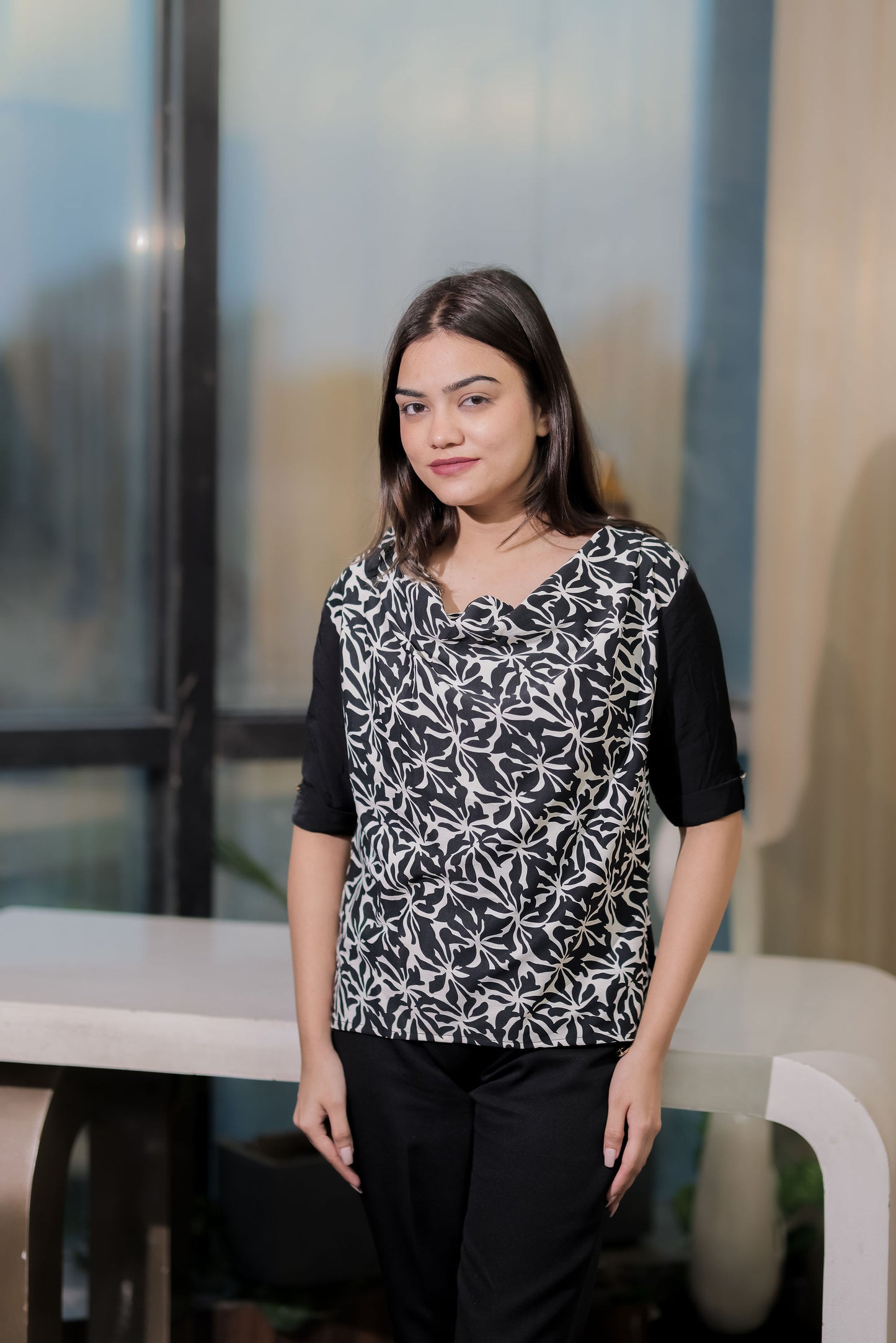 Black printed cowl neck top with black quarter sleeves - esseneur.