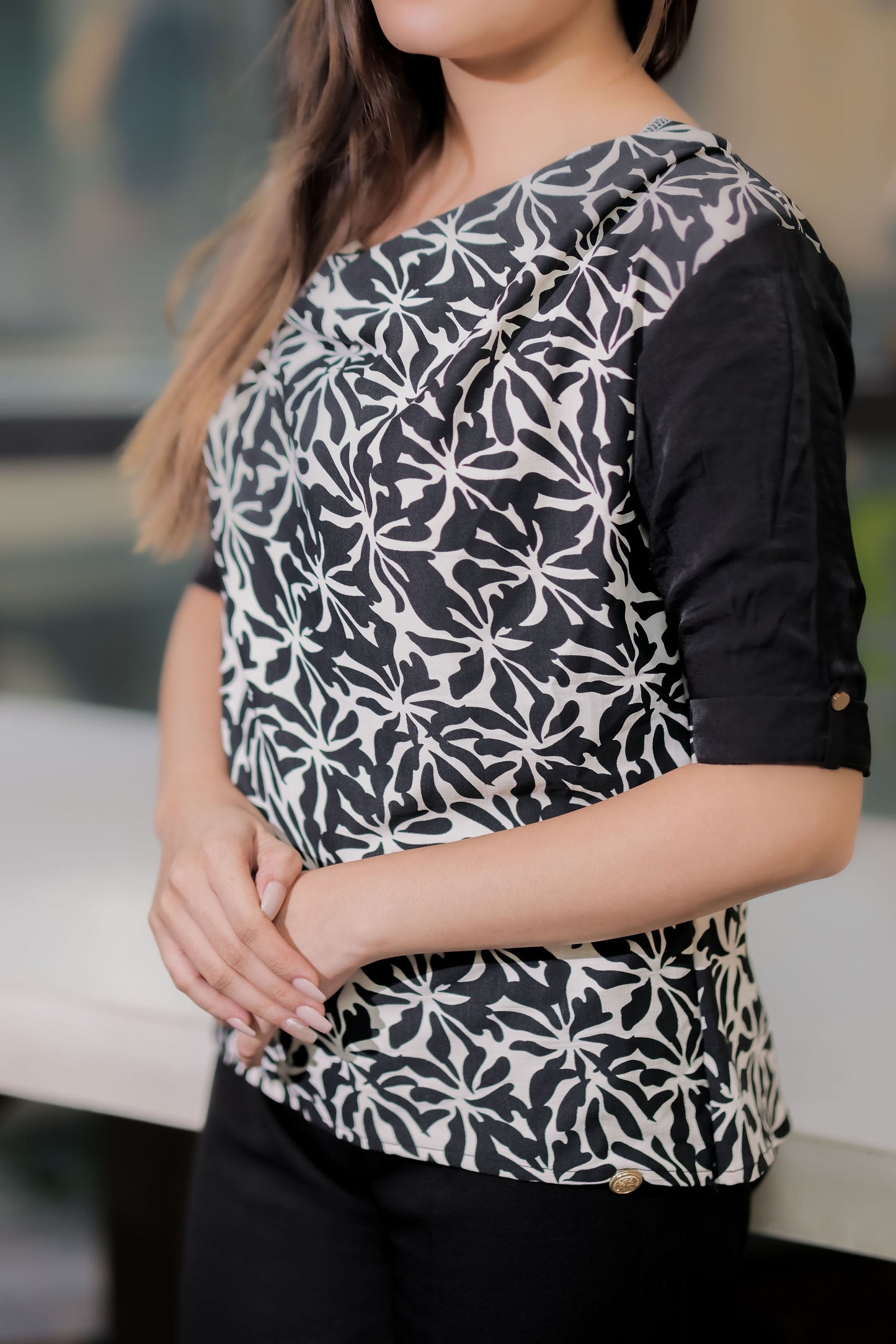 Black printed cowl neck top with black quarter sleeves - esseneur.