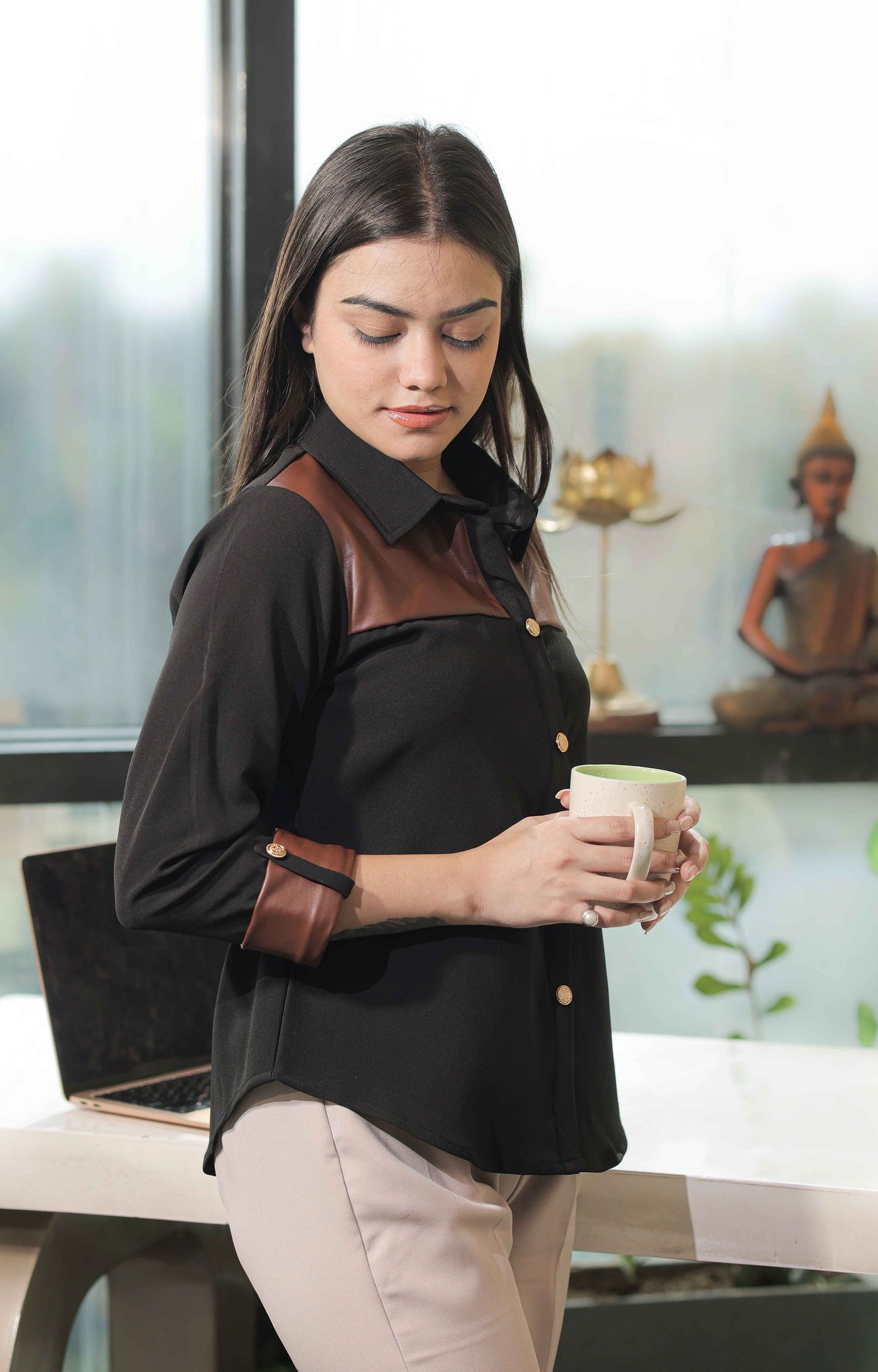 Black shirt with leather detailing on cuffs-Esseneur