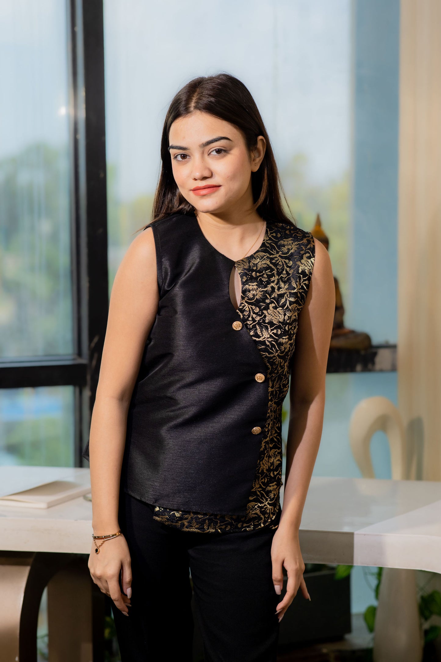 Black brocade fabric festive flap top with gold buttons- esseneur.