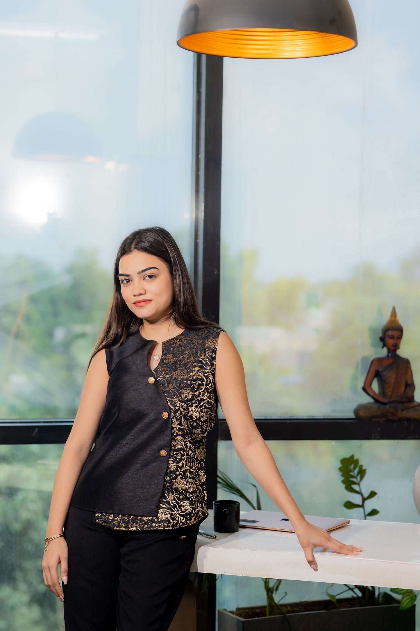 Black brocade fabric festive flap top with gold buttons- esseneur.