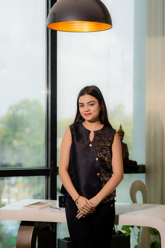 Black brocade fabric festive flap top with gold buttons- esseneur.