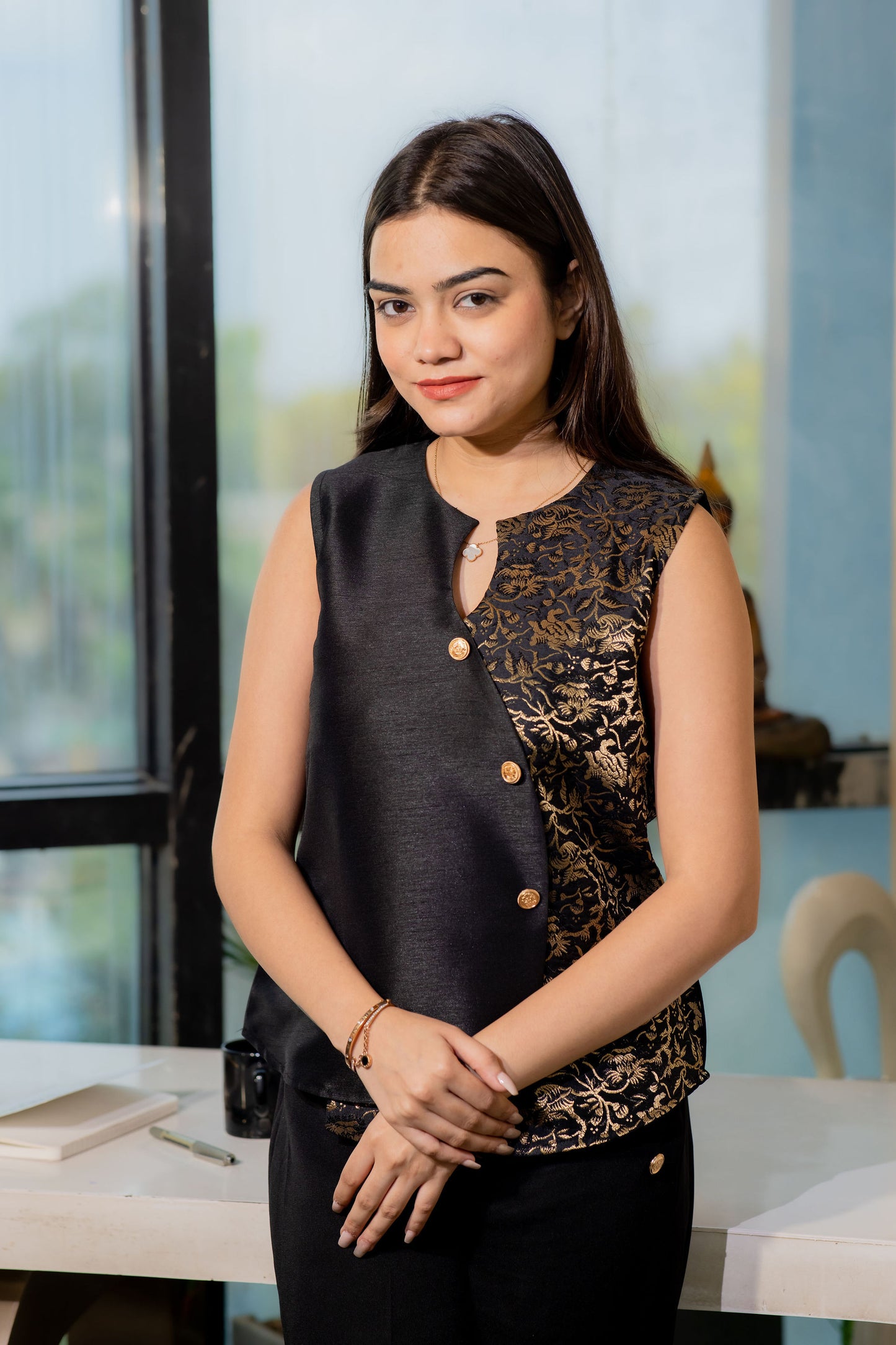 Black brocade fabric festive flap top with gold buttons- esseneur.